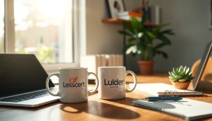 Puodeliai su logotipu vaizduojami modernioje darbo erdvėje ant stalo su nešiojamuoju kompiuteriu ir augalais.