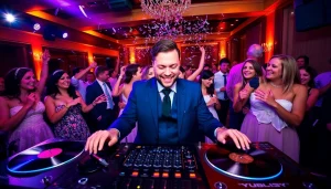 Sydney wedding DJs energizing a lively wedding reception with vibrant lighting and joyful guests.