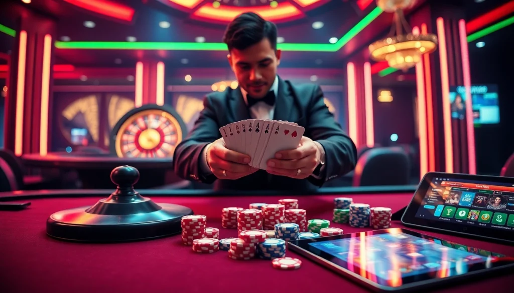 A vibrant casino scene showcasing the excitement of nhà cái GO99 with a stylish dealer and colorful poker chips.