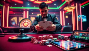 A vibrant casino scene showcasing the excitement of nhà cái GO99 with a stylish dealer and colorful poker chips.