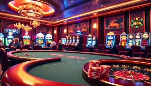 Players enjoying an exciting poker game featuring MV66-themed chips in a luxurious casino setting.