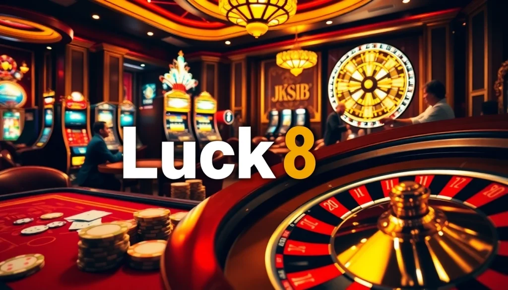 Players enjoying poker at Luck8 Casino with vibrant tables and exciting atmosphere.