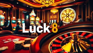 Players enjoying poker at Luck8 Casino with vibrant tables and exciting atmosphere.