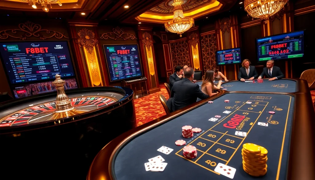Players enjoying thrilling games at F8BET casino with poker chips and cards.