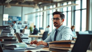 Journalist analyzing Usa Today news in an urban newsroom filled with activity.