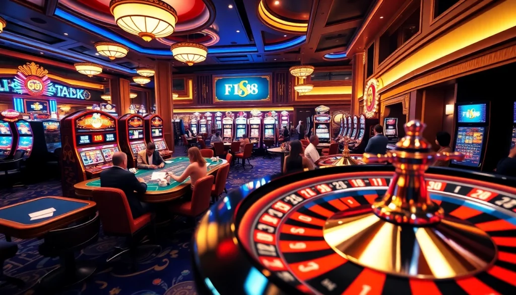 Players enjoying FLY88-themed gaming atmosphere with vibrant casino tables and lively poker action.