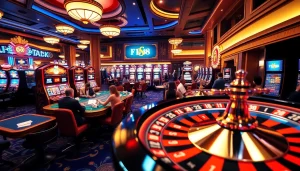 Players enjoying FLY88-themed gaming atmosphere with vibrant casino tables and lively poker action.