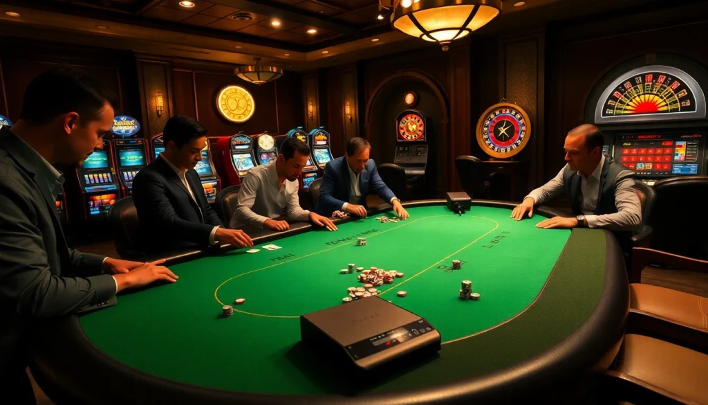 Players analyze strategies with SC88 sound module in an upscale casino setting.