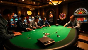 Players analyze strategies with SC88 sound module in an upscale casino setting.