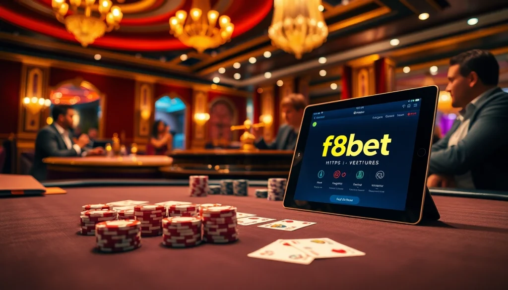 Experience thrilling gameplay at https://f8bet.ventures/ with casino tables and poker chips in a luxurious setting.