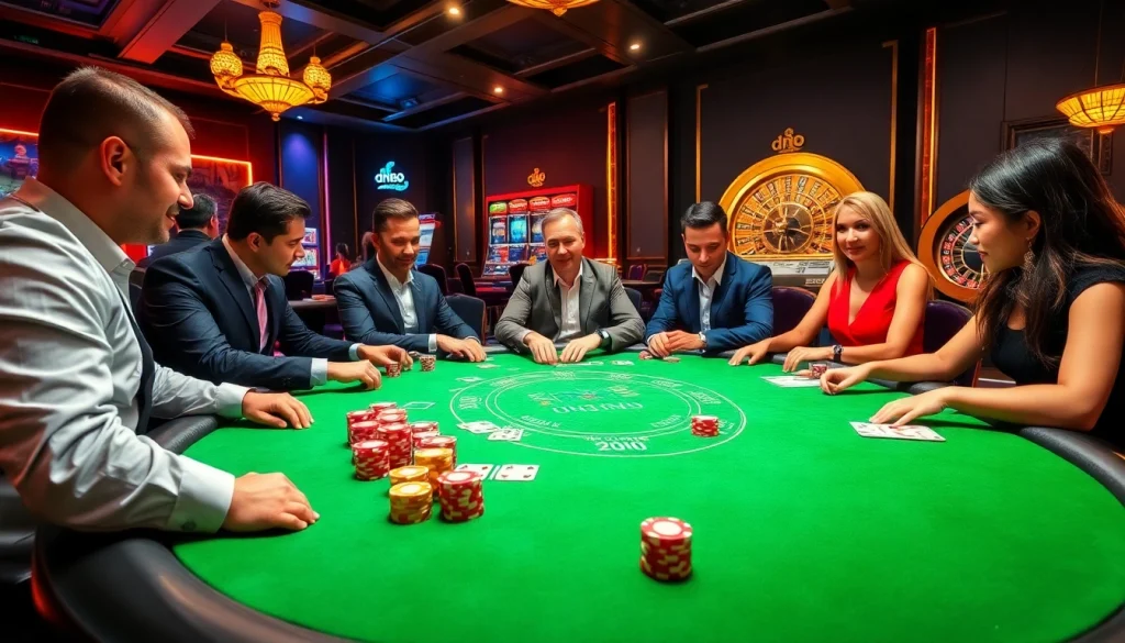 Engaged players enjoying a poker game at dn88 casino's upscale gaming table.