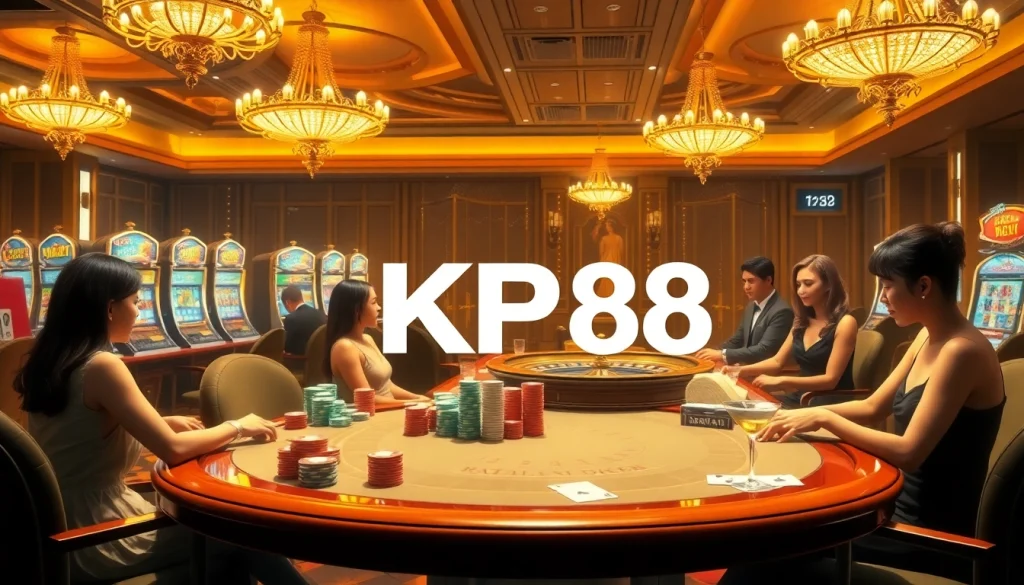 KP88 players enjoying an exciting casino atmosphere with poker chips, cards, and roulette tables.