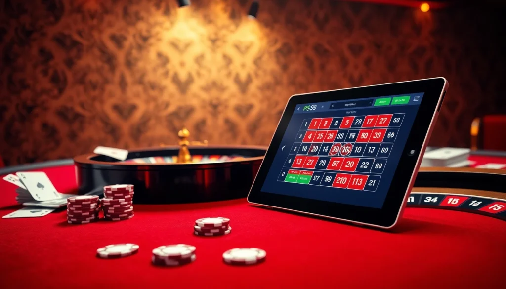 Engage with nhà cái PS99 at an upscale casino table with poker chips and a roulette wheel.