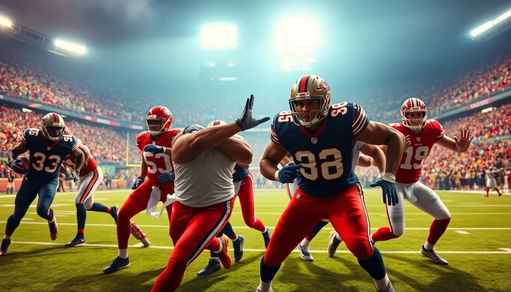 Players from bears vs 49ers facing off in an electrifying football match under stadium lights.