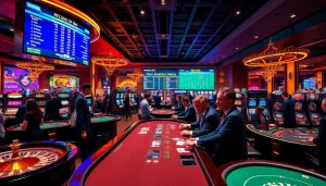 Exciting casino atmosphere depicting vibrant games at https://febet8.com with players engaging in betting.