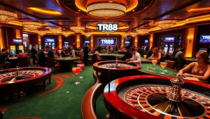 TR88 casino players enjoying exciting games at luxurious tables with vibrant decor.