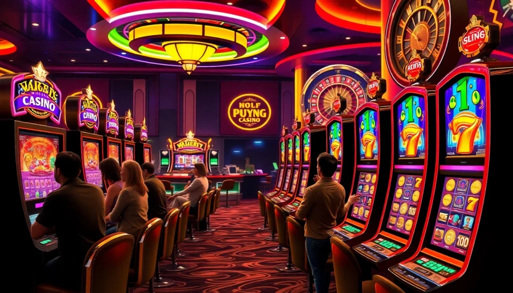 Players enjoy thrilling SLOT machines in a luxurious casino setting filled with excitement and color.