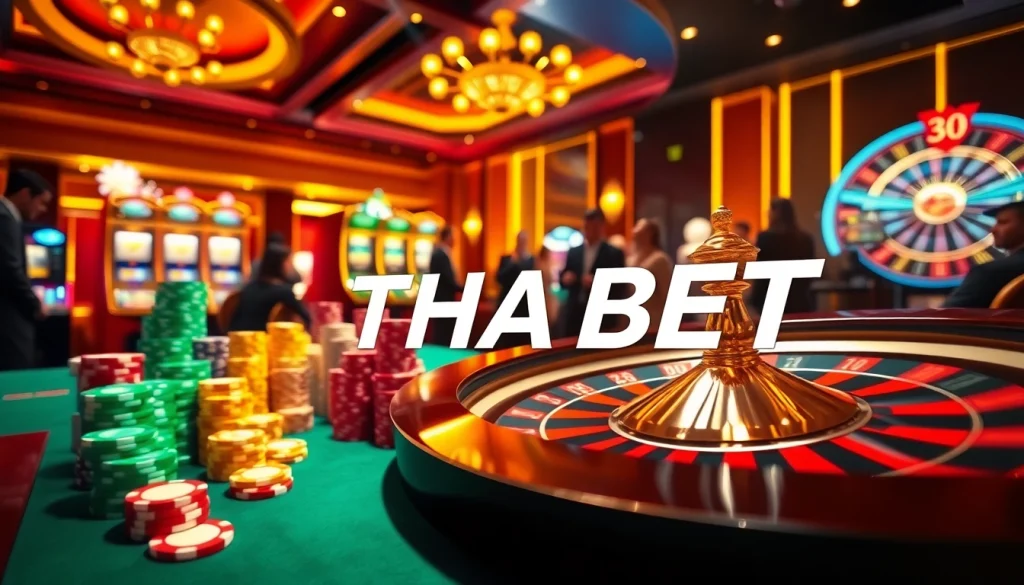 Thrilling scene of high-stakes gaming at THA BET casino, featuring poker chips and roulette action.