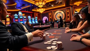 Play poker at TT88 casino, showcasing players, poker chips, and luxury gambling ambiance.