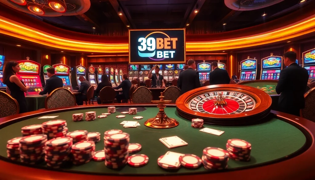 Experience high-stakes excitement at 39BET's luxurious casino scene filled with poker, roulette, and slot games.