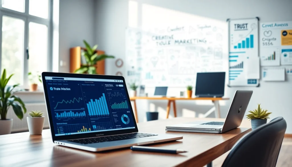 Engaging digital marketing workspace with analytics tools prominently displayed.