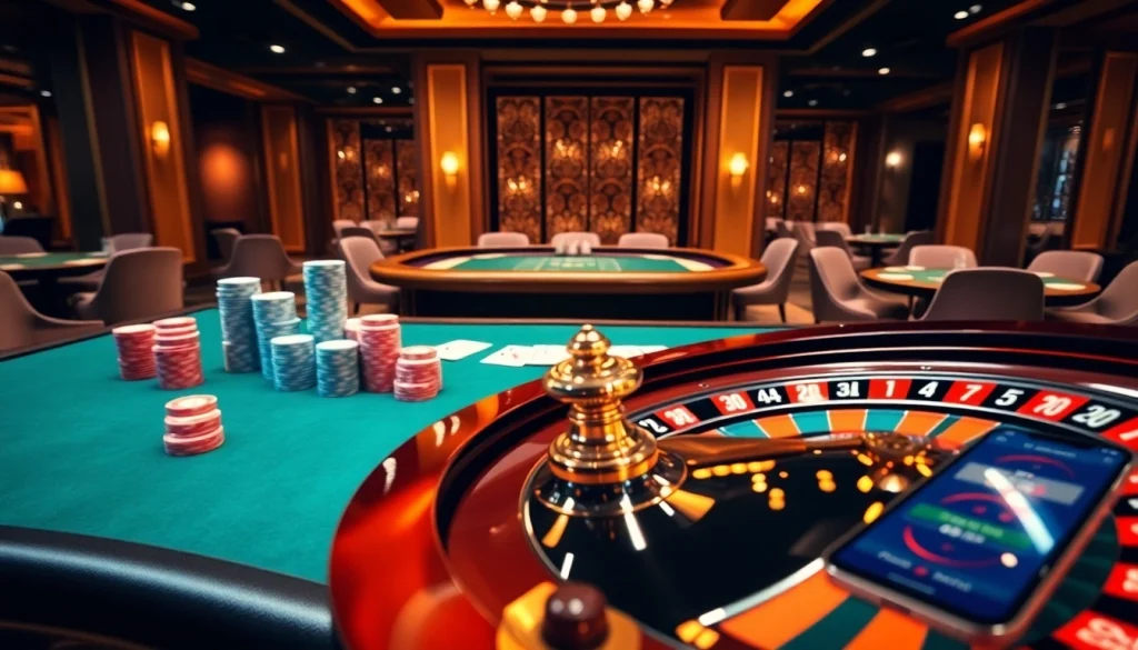 Players engaging in high-stakes poker at 88i's luxurious casino table with vibrant gaming elements.
