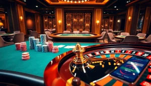 Players engaging in high-stakes poker at 88i's luxurious casino table with vibrant gaming elements.