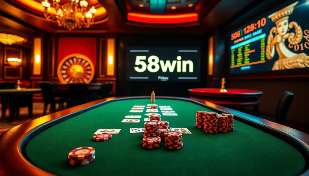 Experience the thrill of high-stakes gambling at 58win with vibrant casino visuals featuring poker chips and roulette.