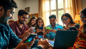 Players enjoying the Jalwa Game on multiple devices in a cozy setting, showcasing excitement and engagement.