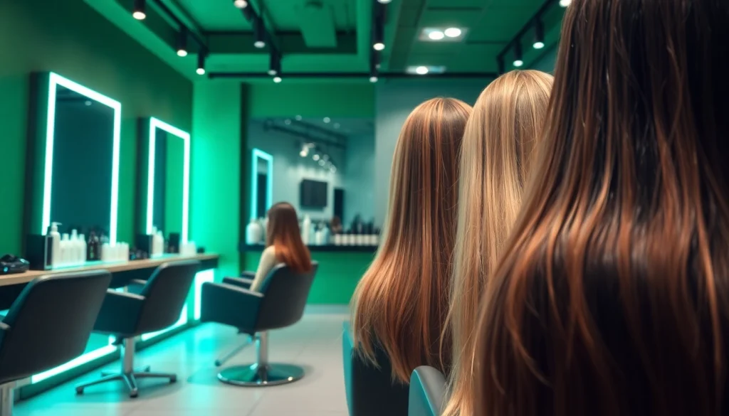Salon interior focused on hair lengths and products, featuring BOTOL169 theme color
