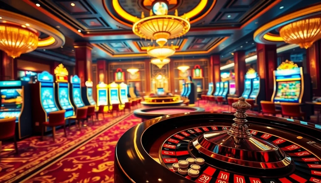 Engage with the thrilling game 32win in a vibrant casino atmosphere filled with slot machines and card tables.