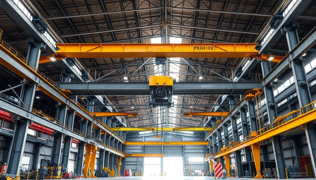 Bridge crane lifting machinery in an industrial warehouse, showcasing strength and precision.