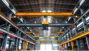 Bridge crane lifting machinery in an industrial warehouse, showcasing strength and precision.