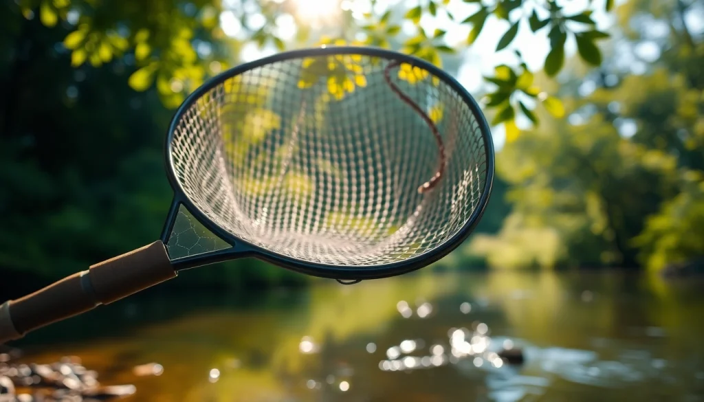 Catch and release with a detailed fly fishing net resting by the riverbank.