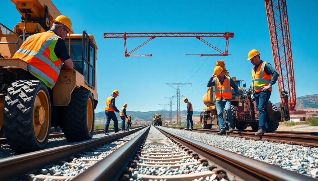 Workers from a Railroad Track Construction Company laying tracks on a construction site.