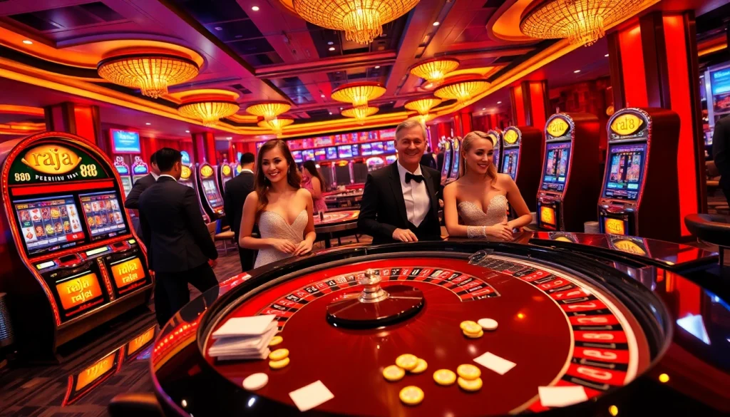 Players enjoy a thrilling game at raja 88, featuring colorful slot machines and casino tables.