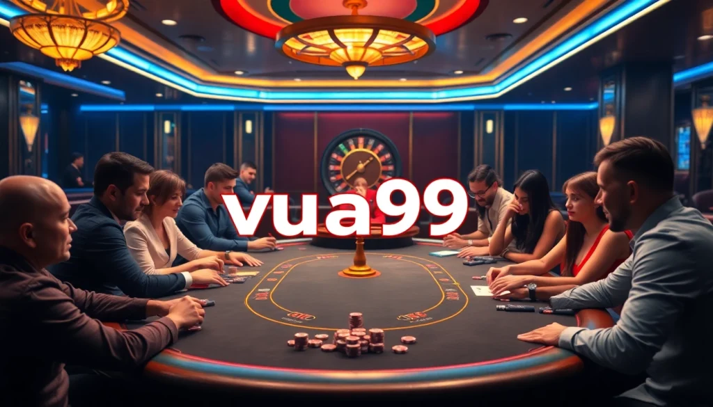 Engaged players at a luxurious Vua99 casino poker table showcasing excitement in gambling.
