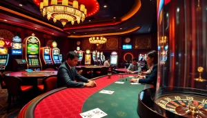 KJC casino featuring vibrant tables, roulette wheels, and excited players enjoying the thrill.