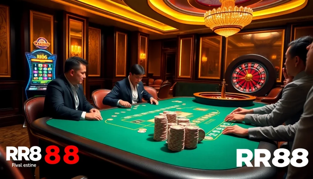 Exciting poker game at RR88 casino with players and vibrant atmosphere.