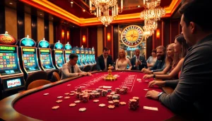 This engaging scene at https://uu88ae.com/ showcases enthusiastic players at a vibrant poker table in a luxurious casino.