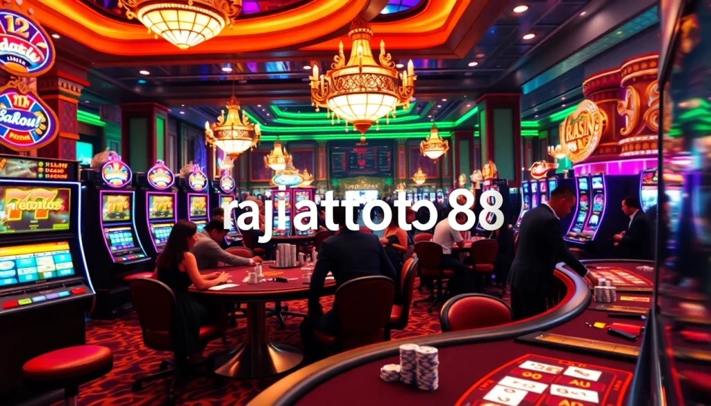Experience thrilling gameplay at rajatoto88 with dynamic casino visuals featuring poker chips and slot machines.