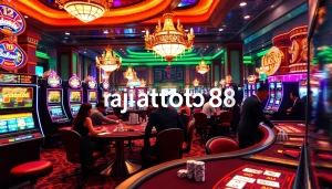 Experience thrilling gameplay at rajatoto88 with dynamic casino visuals featuring poker chips and slot machines.