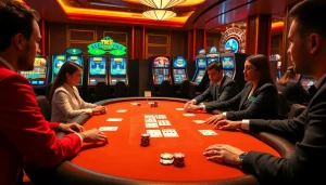 Experience the thrill of KK55 with a luxurious casino setting featuring poker and slot games.