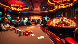 KJC group showcases players engaging at a luxurious casino table filled with poker chips and cards.