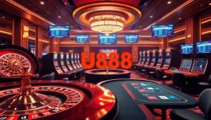 Engaging casino scene showcasing U888 with vibrant slot machines, roulette wheels, and lively gamblers.