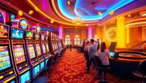 Sparking excitement at Slot777 with colorful slot machines and enthusiastic players winning big.