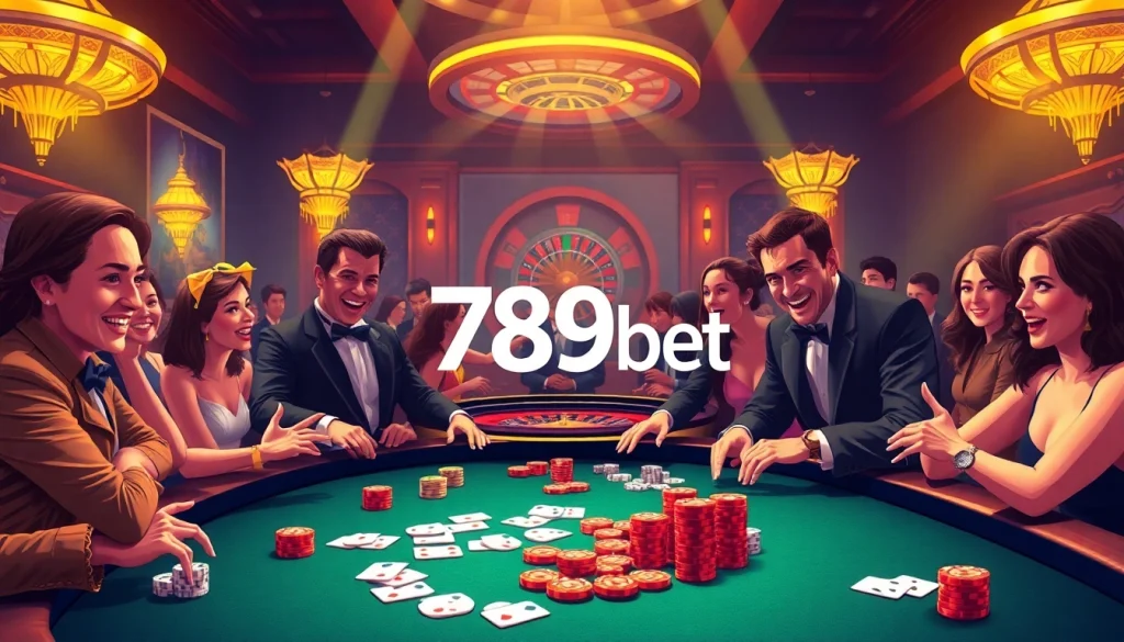 Players engaged in a thrilling game of poker at a luxurious casino table, highlighting 789 bet action.