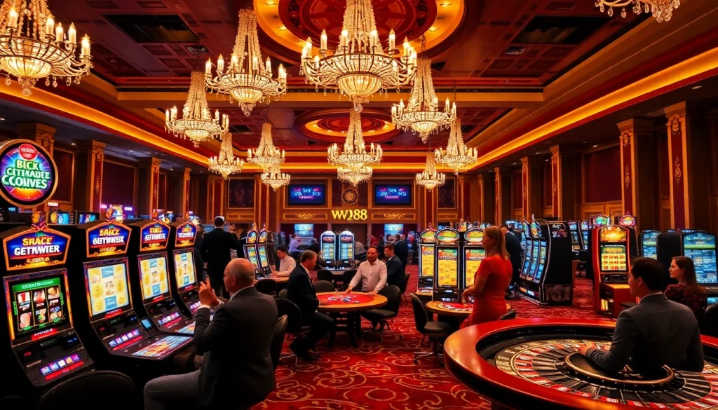 Experience the thrill of gambling at WW88 with vibrant slot machines and excited players.