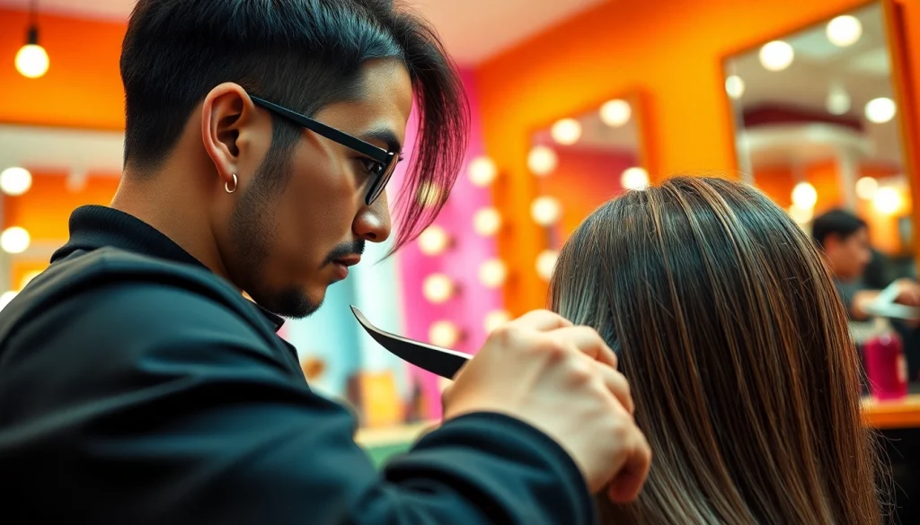 Frizer Craiova expertly cutting a client's hair in a vibrant salon setting.