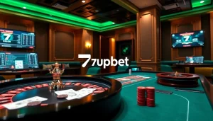 Exciting casino scene featuring 7upbet branding, players at a gaming table, roulette wheel, and rich decor.